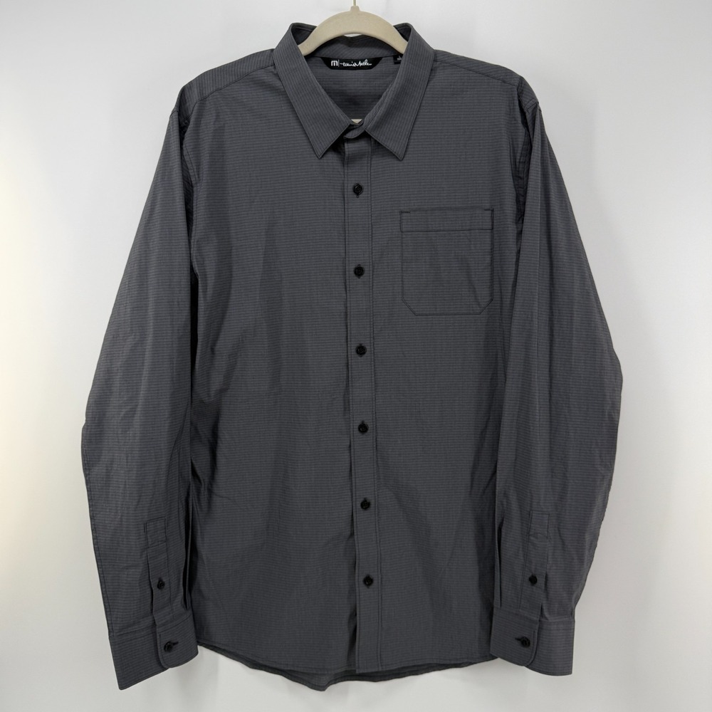 Travis Mathew Dress Shirt Men L Stretch Cotton Nylon Gray Microstripe Striped